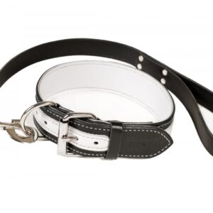 Kožený obojek s vodítkem v černobílém provedení