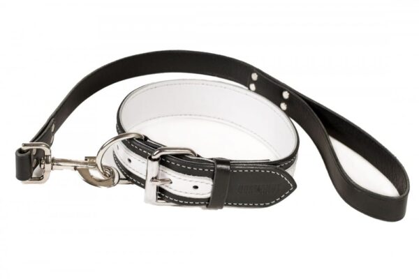 Kožený obojek s vodítkem v černobílém provedení