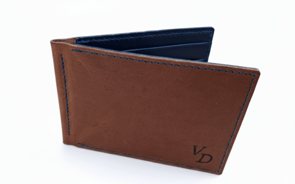 Kožená dolarovka LETHIOR z hnědé a modré kůže s kovovým klipem na bankovky