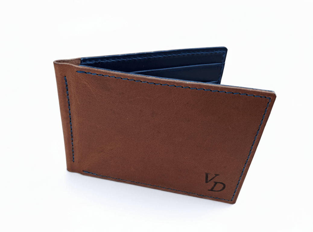 Kožená dolarovka LETHIOR z hnědé a modré kůže s kovovým klipem na bankovky